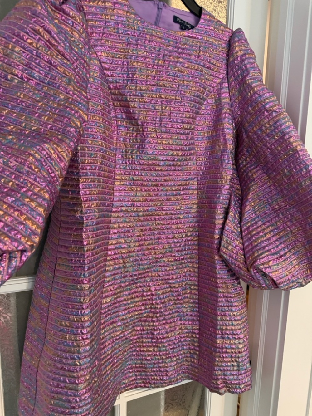 Purple Metallic Puff-Sleeve Midi Dress - Picture 5 of 6